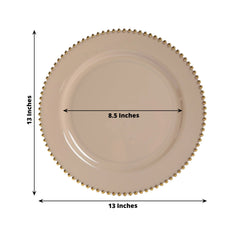 10-Pack Economy Round Plastic Charger Plates 13" in Taupe with Gold Beaded Rim, Stylish Dinner Party Serving Plates