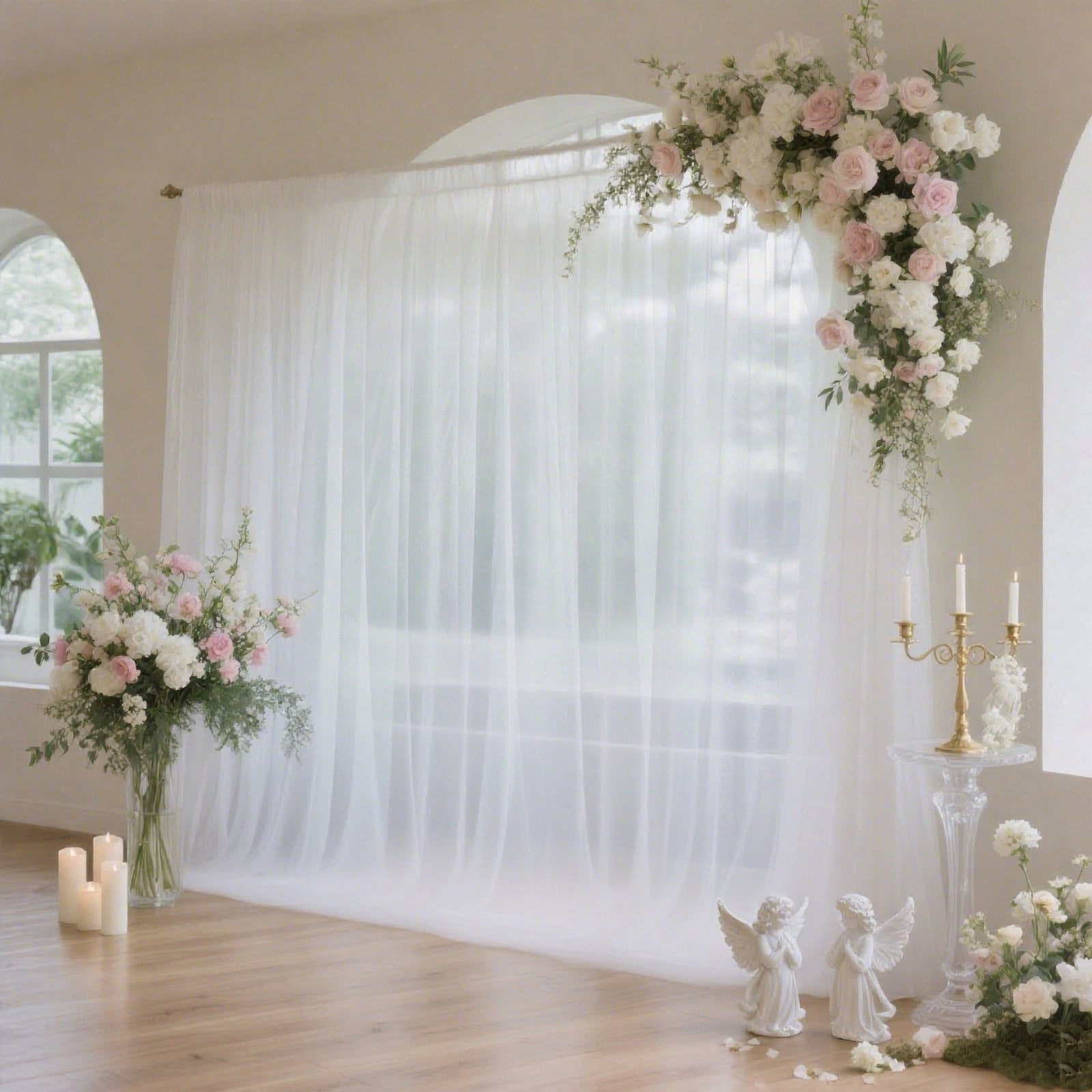 Sheer Backdrop Curtain Panel 10ft × 10ft White – Wedding Arch Drape with Rod Pocket
