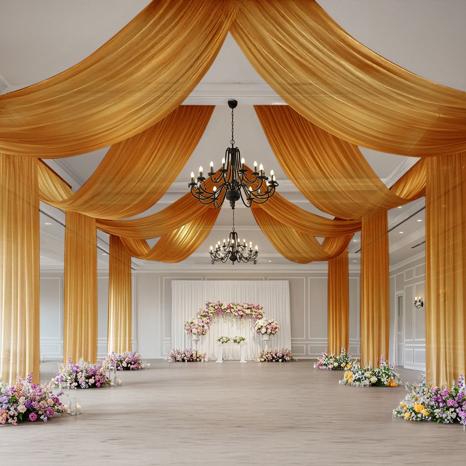 Gold Sheer Backdrop Drape – 5ftx32ft Wedding Arch & Ceiling Decor Panel, Wrinkle Free with Soft Shimmer