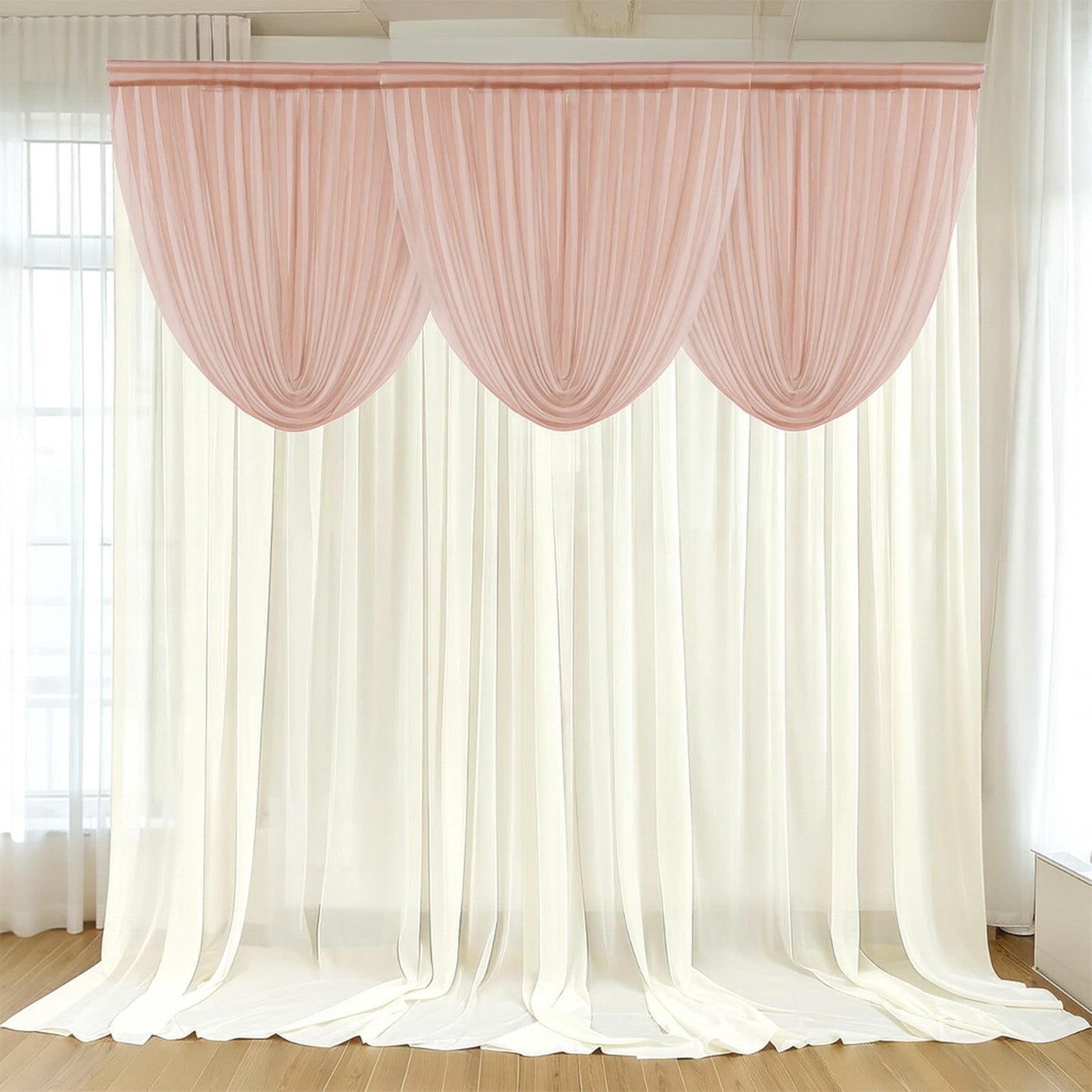 4ft x 4ft Sheer Chiffon Backdrop Valance Drapes – Blush Curved Swag Topper Panel