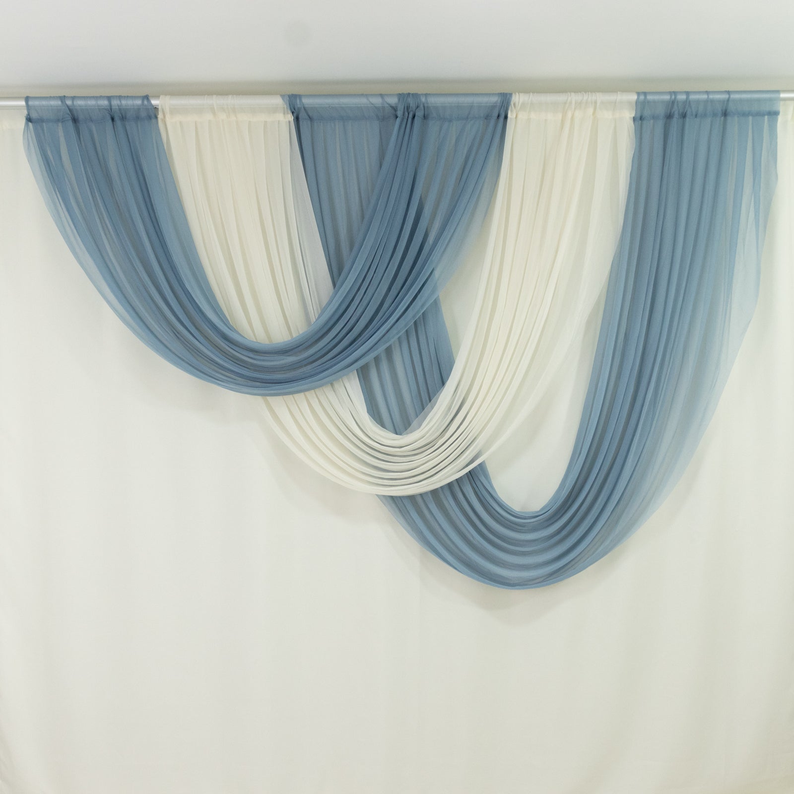 4ft x 4ft Sheer Chiffon Backdrop Valance Drapes – Dusty Blue Curved Swag Topper Panel