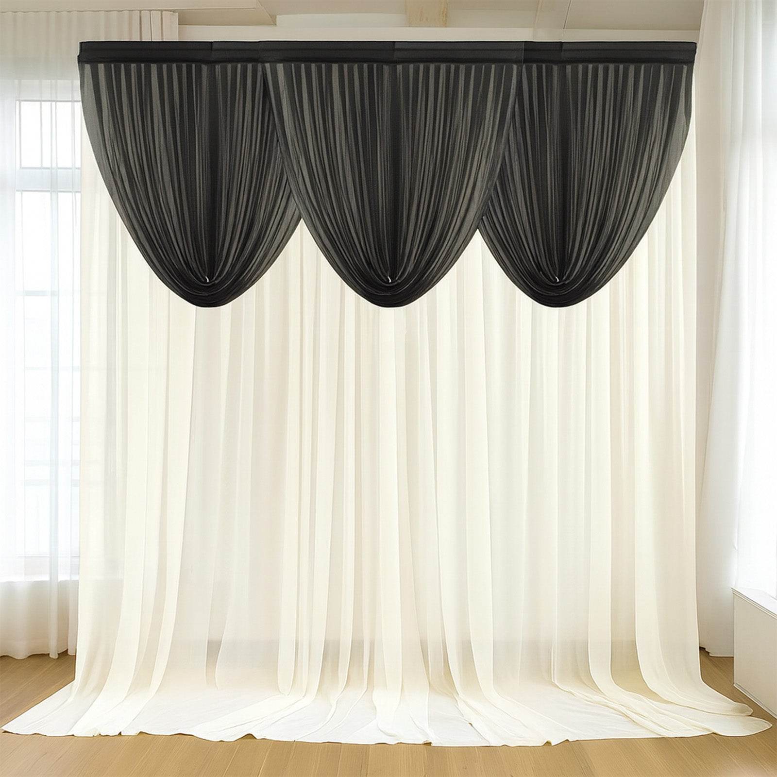 4ft x 4ft Sheer Chiffon Backdrop Valance Drapes – Black Curved Swag Topper Panel