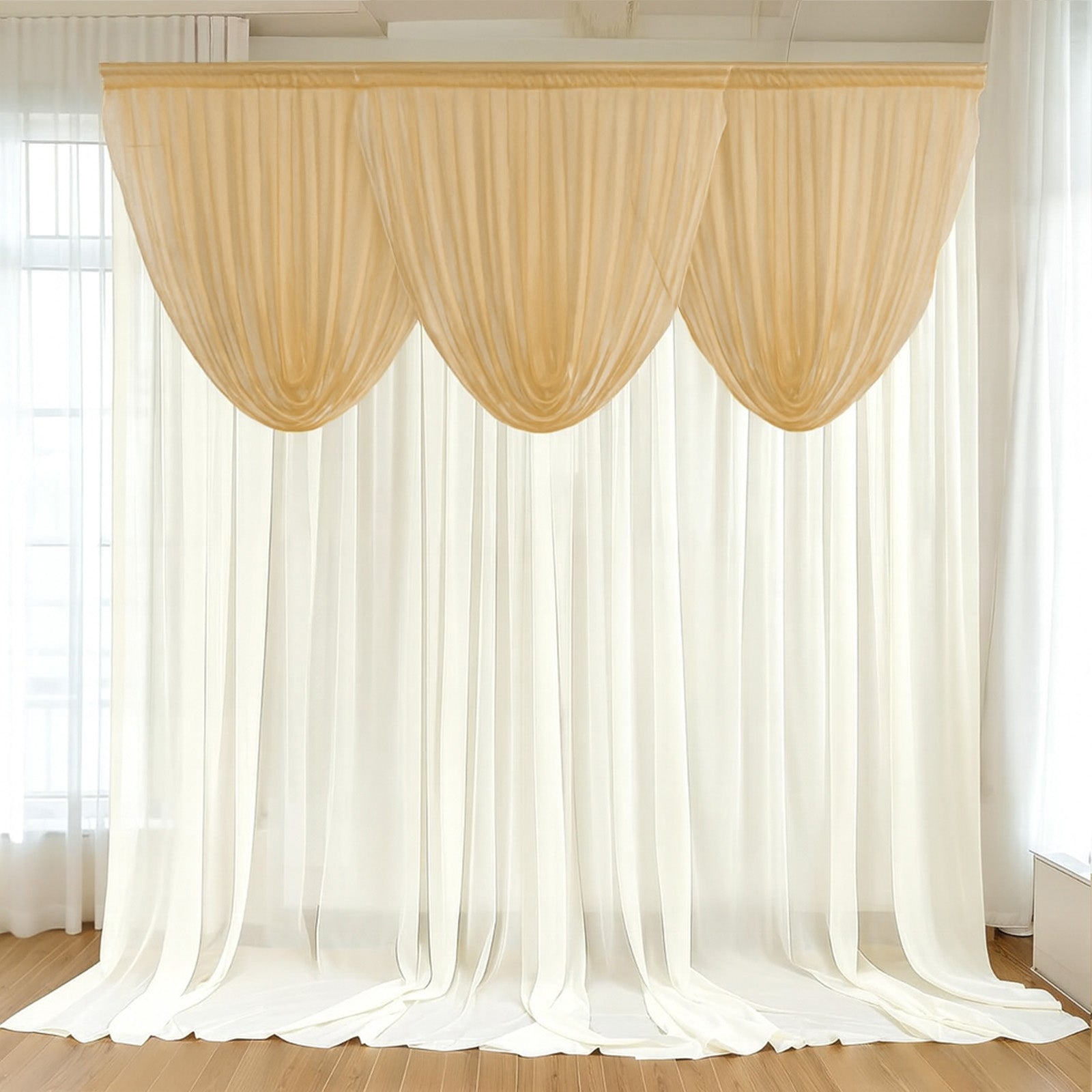4ft x 4ft Sheer Chiffon Backdrop Valance Drapes – Champagne Curved Swag Topper Panel