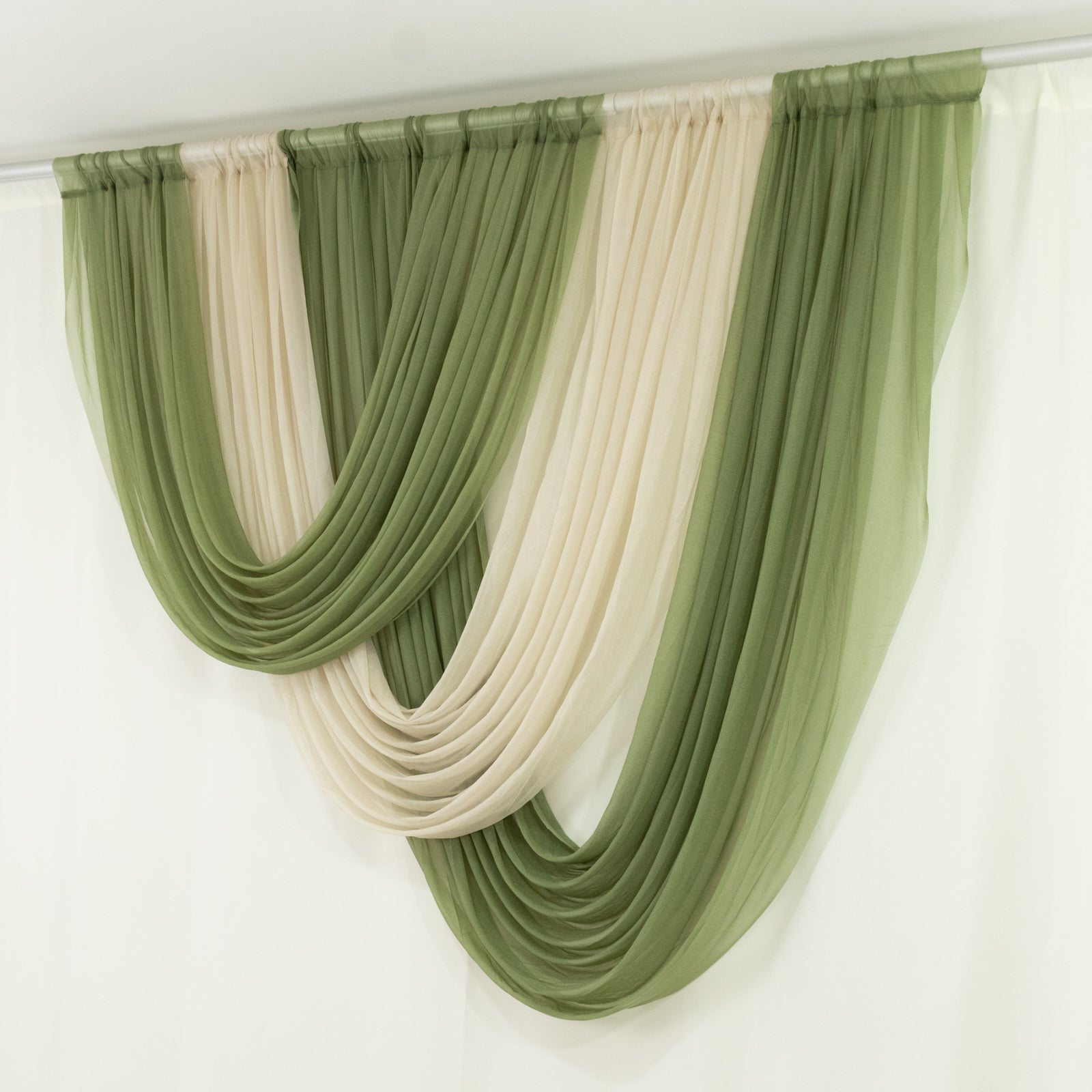4ft x 4ft Sheer Chiffon Backdrop Valance Drapes – Dusty Sage Green Curved Swag Topper Panel