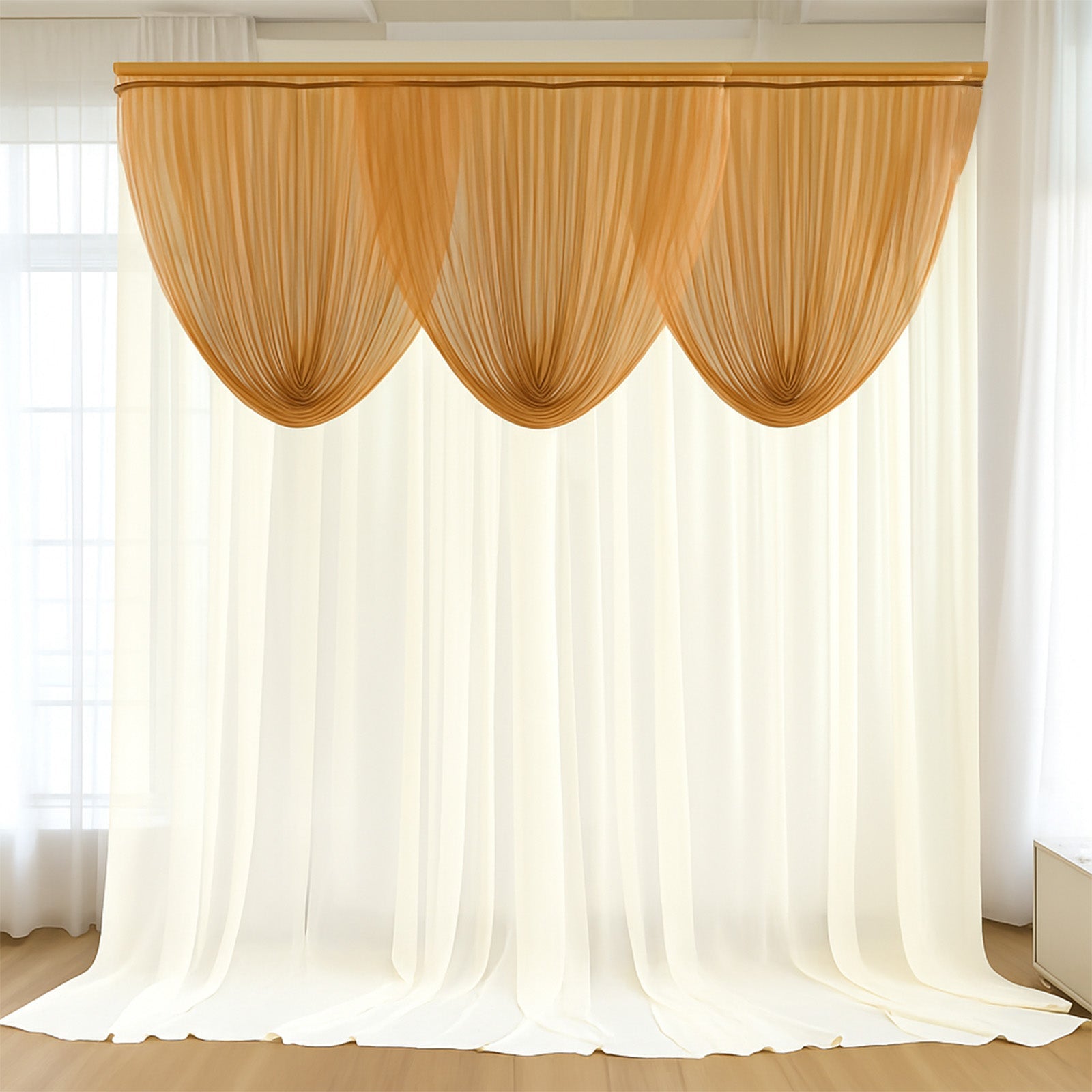 4ft x 4ft Sheer Chiffon Backdrop Valance Drapes – Gold Curved Swag Topper Panel
