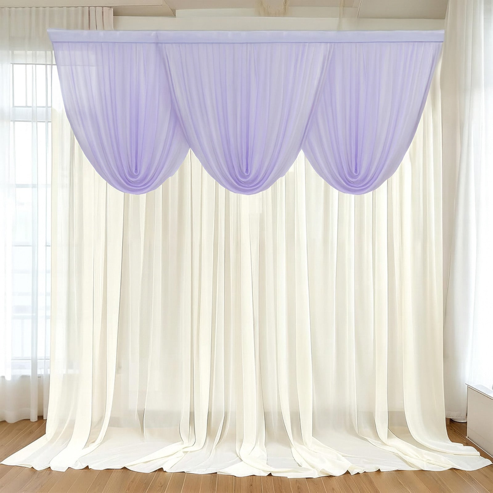 4ft x 4ft Sheer Chiffon Backdrop Valance Drapes – Lavender Lilac Curved Swag Topper Panel