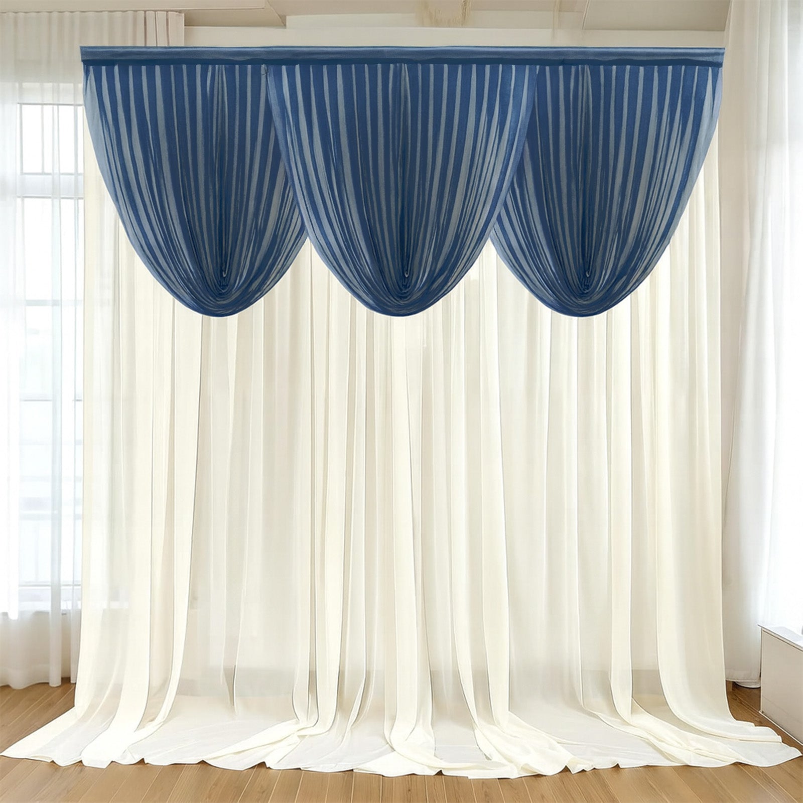4ft x 4ft Sheer Chiffon Backdrop Valance Drapes – Navy Blue Curved Swag Topper Panel