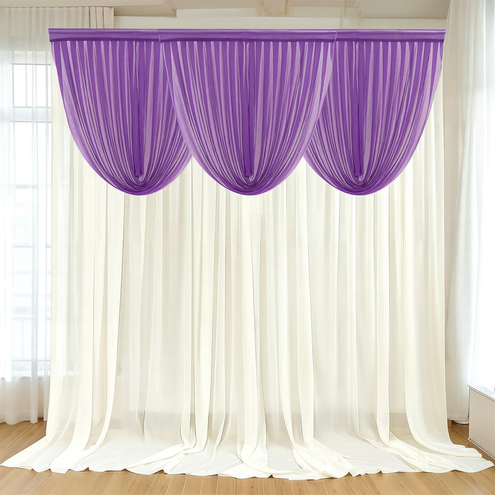 4ft x 4ft Sheer Chiffon Backdrop Valance Drapes – Purple Curved Swag Topper Panel