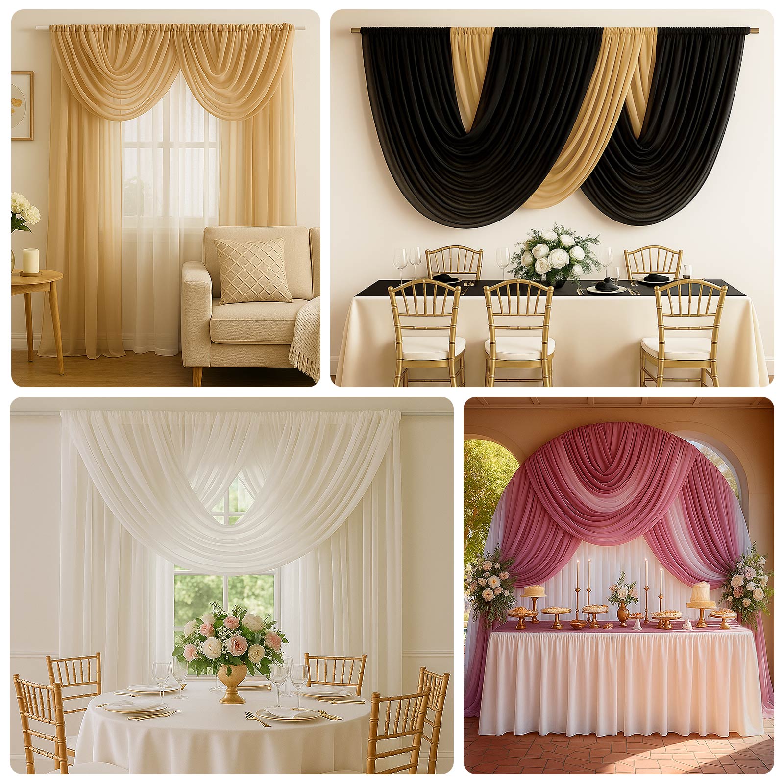 Black Sheer Chiffon Valance Curtain 4ft x 6ft –  Wedding Arch Drape with Rod Pocket, Voile Backdrop Panel