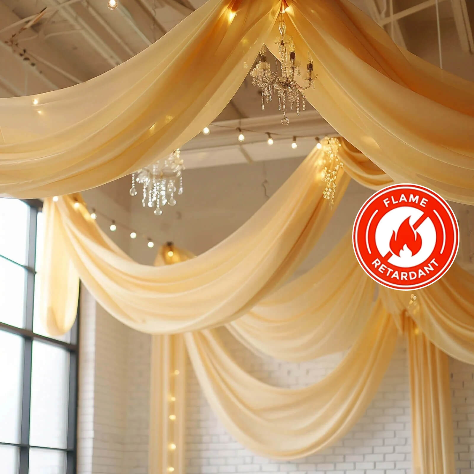 5ftx32ft Champagne Chiffon Curtain Panel, Durable Flame Resistant Backdrop Ceiling Drapery With Rod Pocket