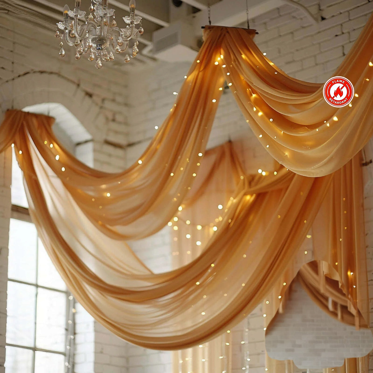 5ftx32ft Gold Chiffon Curtain Panel, Durable Flame Resistant Backdrop Ceiling Drapery With Rod Pocket