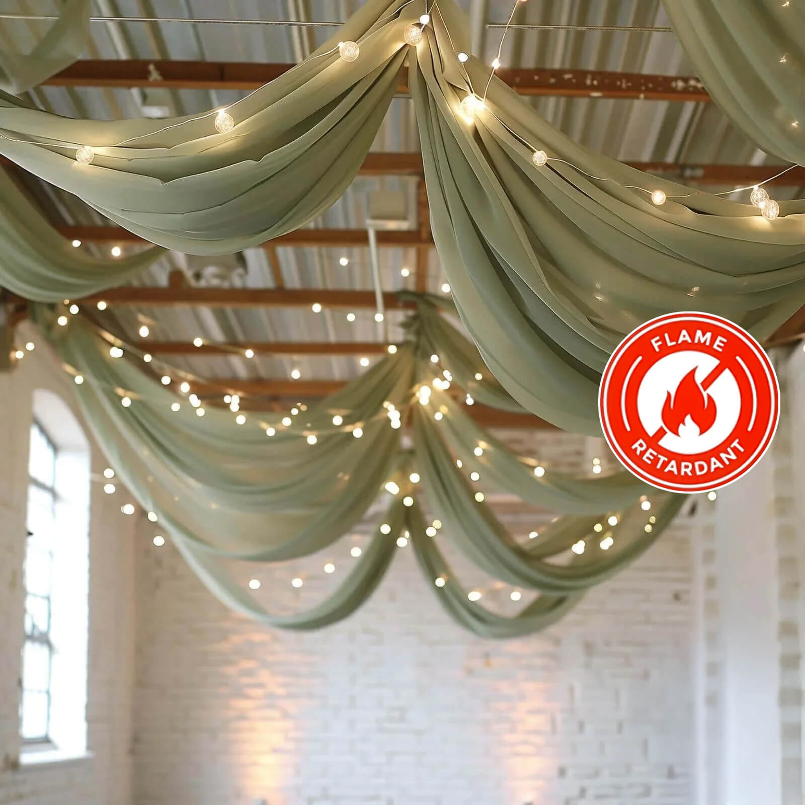 5ftx32ft Sage Green Chiffon Curtain Panel, Durable Flame Resistant Backdrop Ceiling Drapery With Rod Pocket