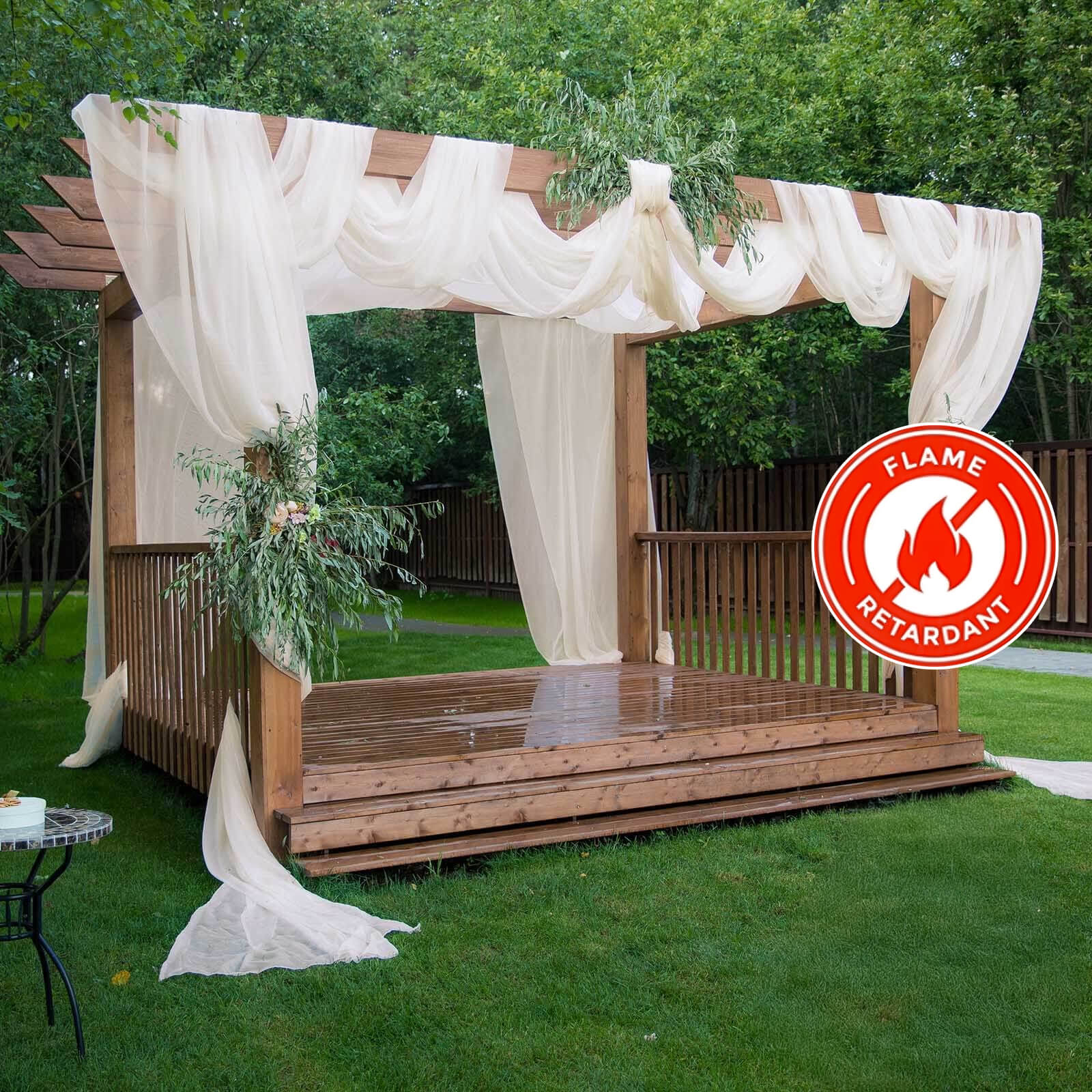 5ftx32ft Ivory Chiffon Curtain Panel, Durable Flame Resistant Backdrop Ceiling Drapery With Rod Pocket