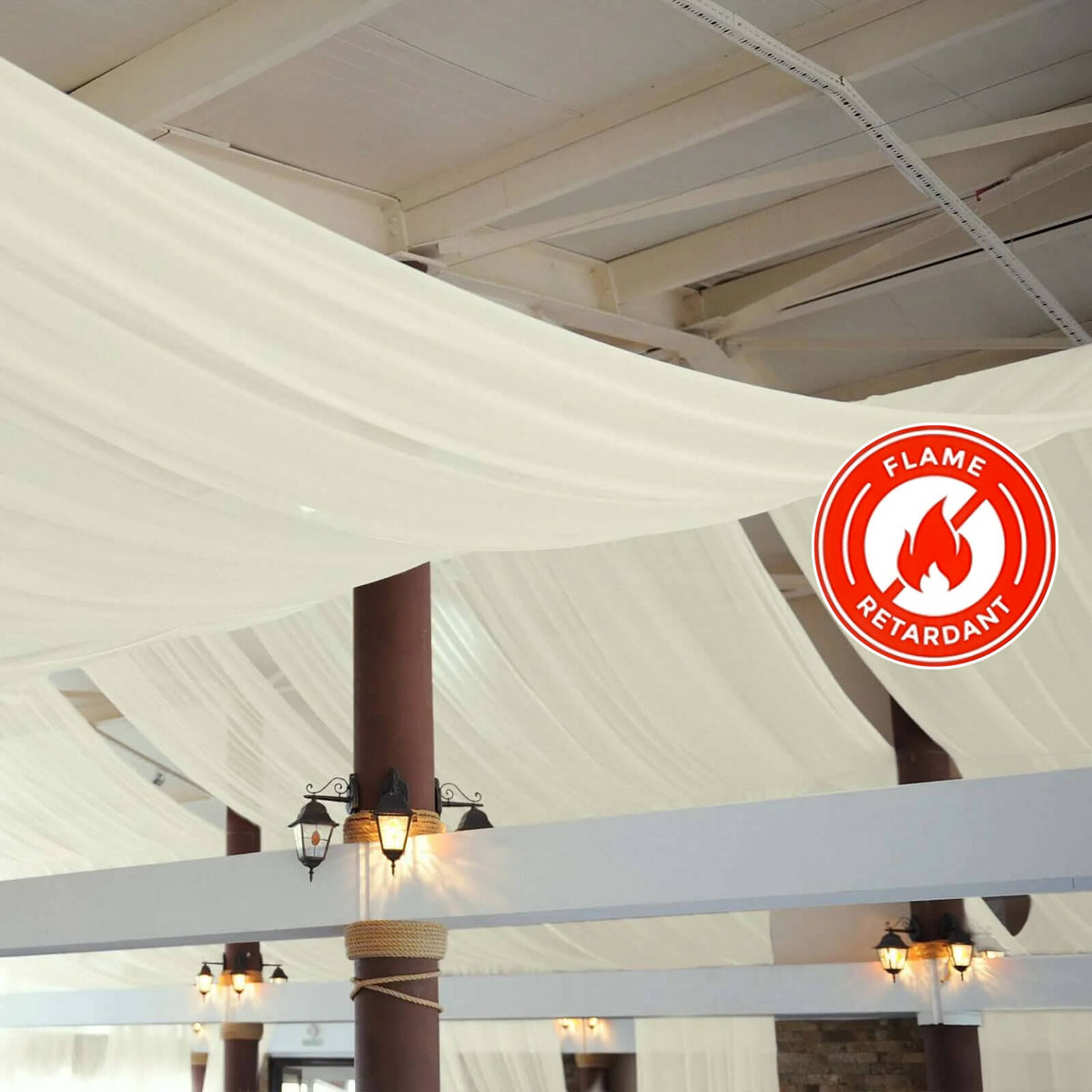 5ftx32ft Ivory Chiffon Curtain Panel, Durable Flame Resistant Backdrop Ceiling Drapery With Rod Pocket