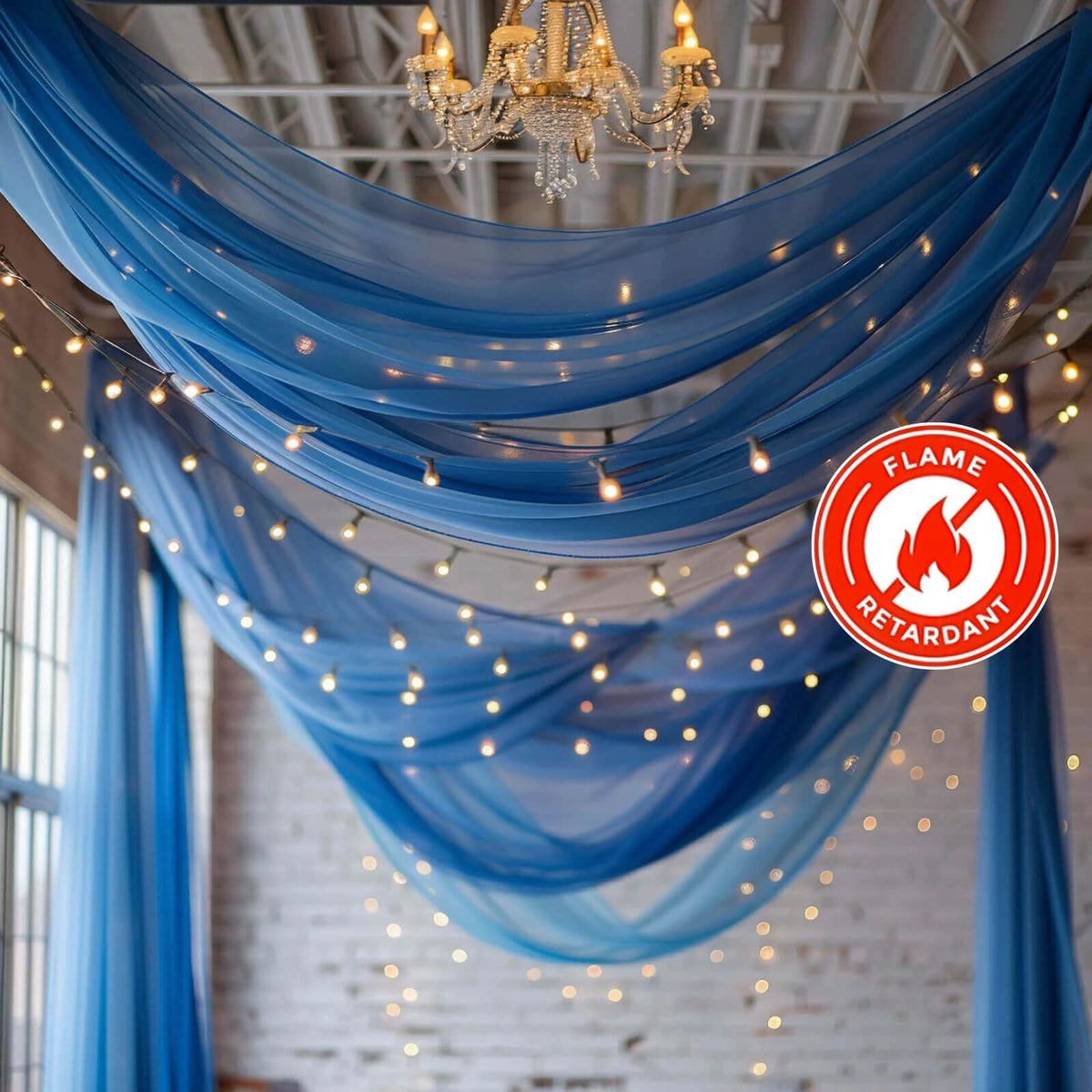 5ftx32ft Royal Blue Chiffon Curtain Panel, Durable Flame Resistant Backdrop Ceiling Drapery With Rod Pocket