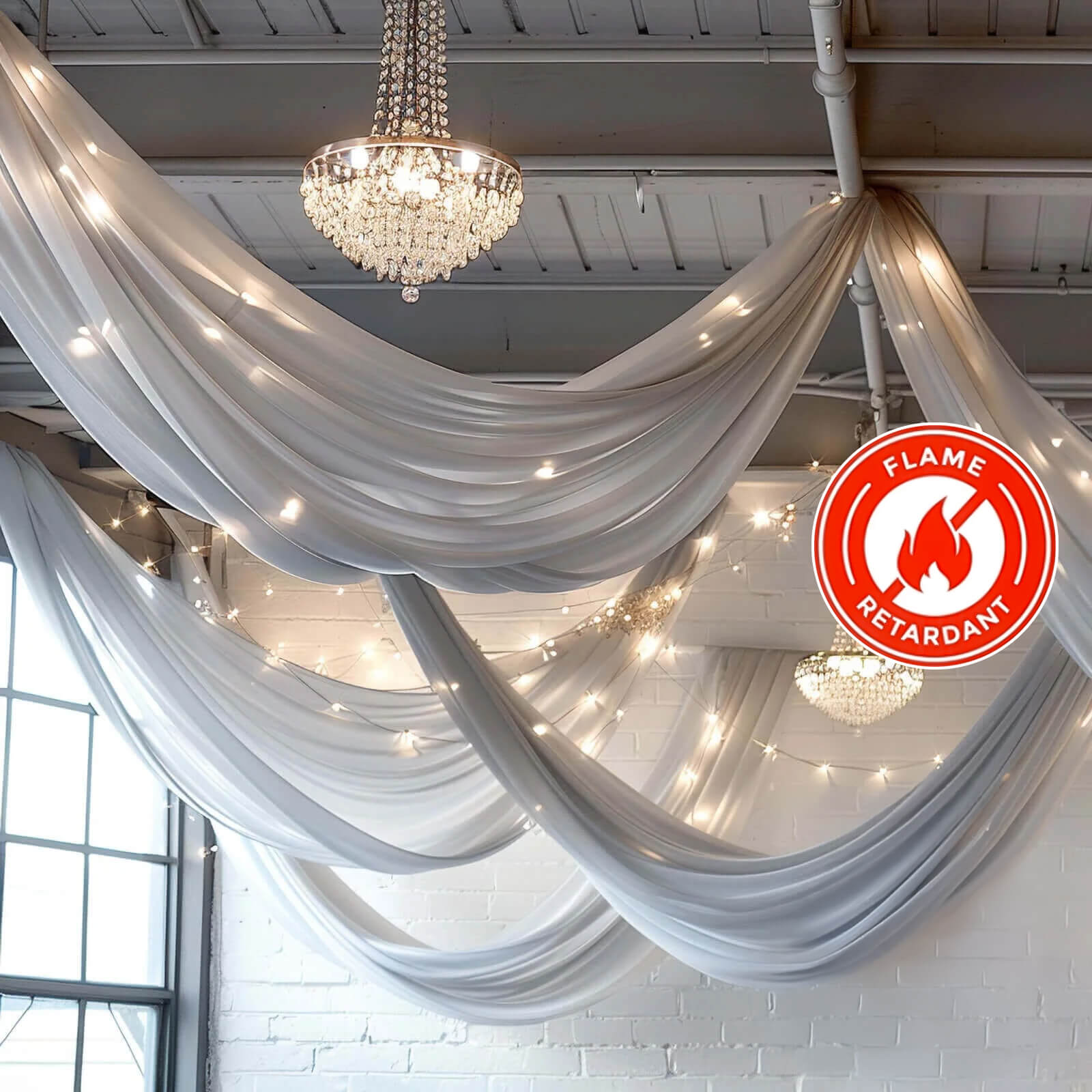 5ftx32ft Silver Chiffon Curtain Panel, Durable Flame Resistant Backdrop Ceiling Drapery With Rod Pocket