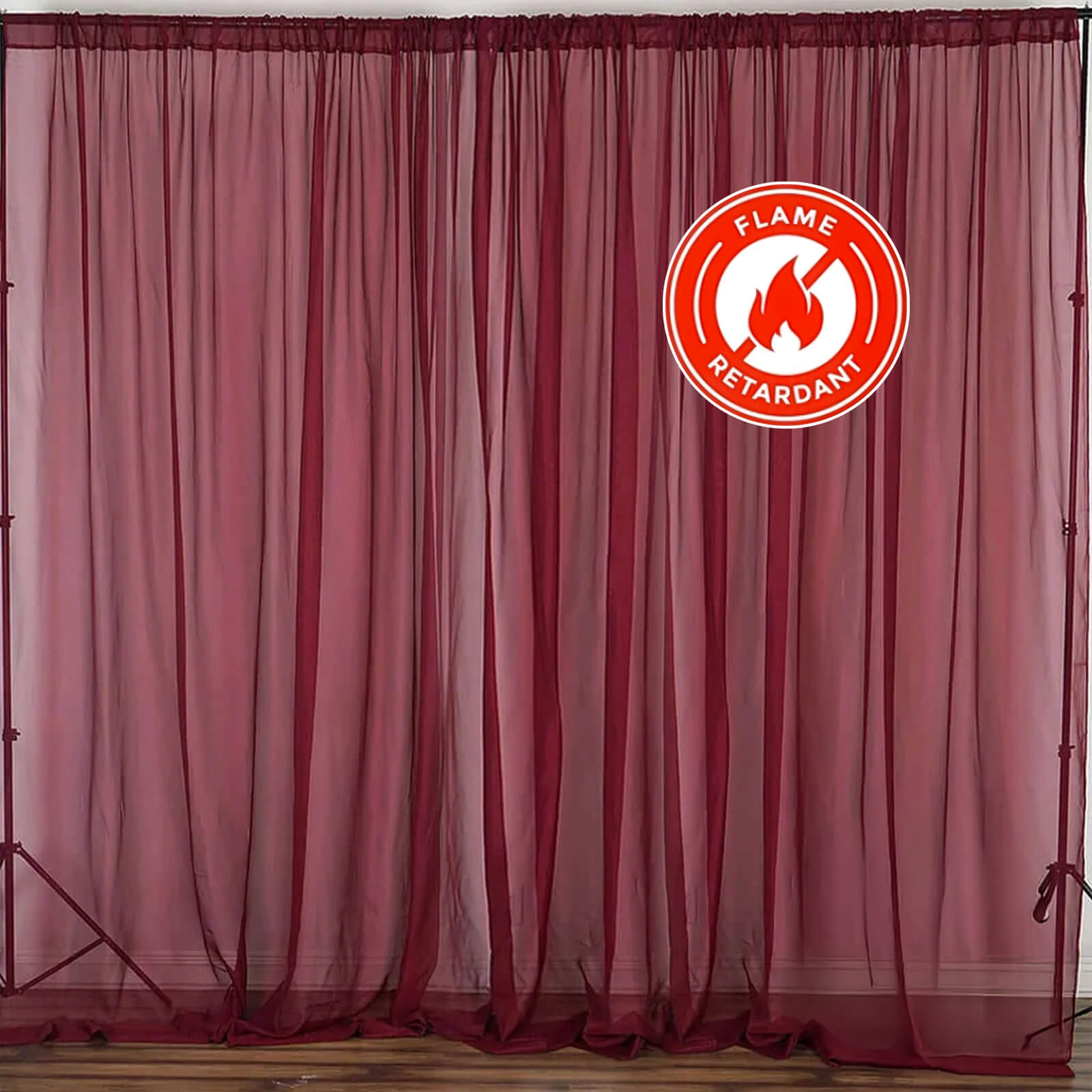 2 Pack Burgundy Sheer Chiffon Event Curtain Drapes, Durable Flame Resistant Organza Backdrop Event Panels With Rod Pockets - 10ftx10ft