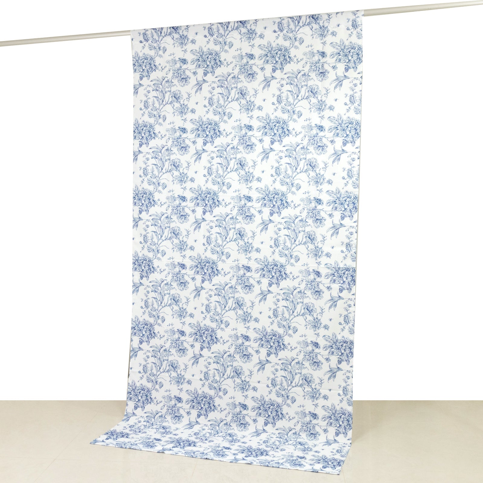 French Toile Polyester Backdrop Curtain – Blue Floral 5ft x 10ft Rod Pocket Drape Panel