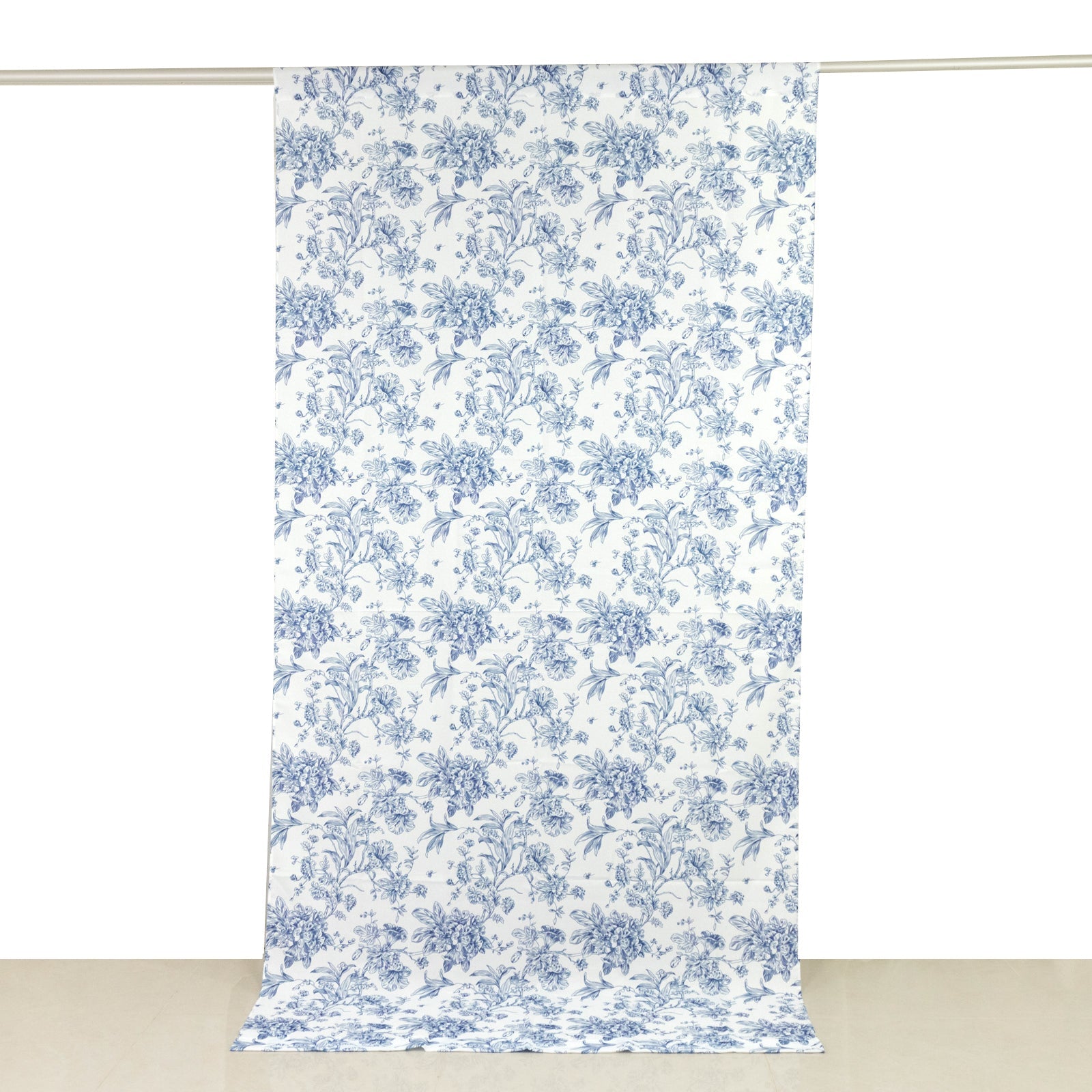 French Toile Polyester Backdrop Curtain – Blue Floral 5ft x 10ft Rod Pocket Drape Panel