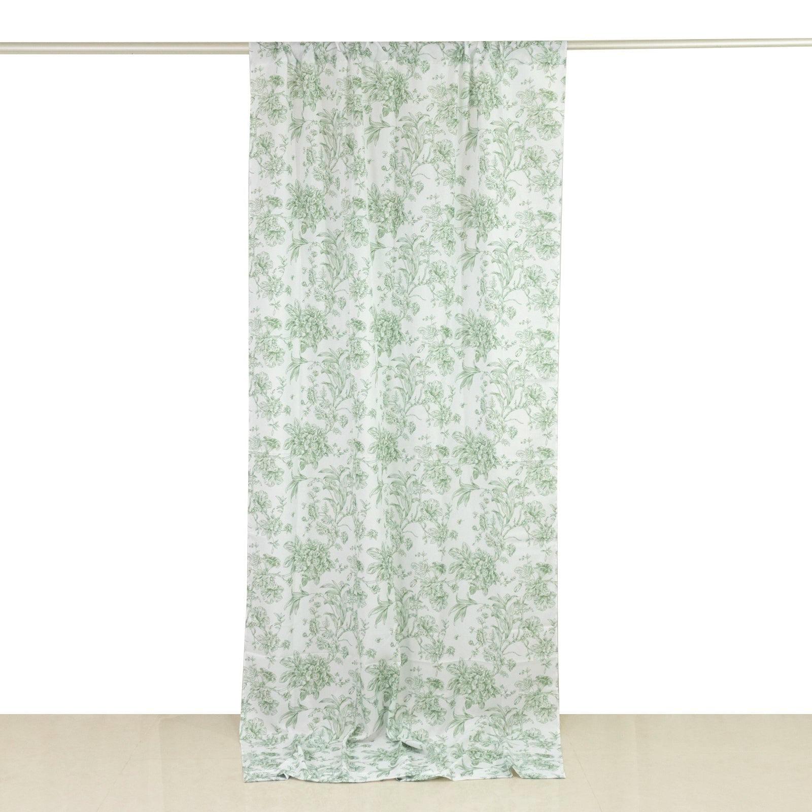 French Toile Polyester Backdrop Curtain – Dusty Sage Green Floral 5ft x 10ft Rod Pocket Drape Panel