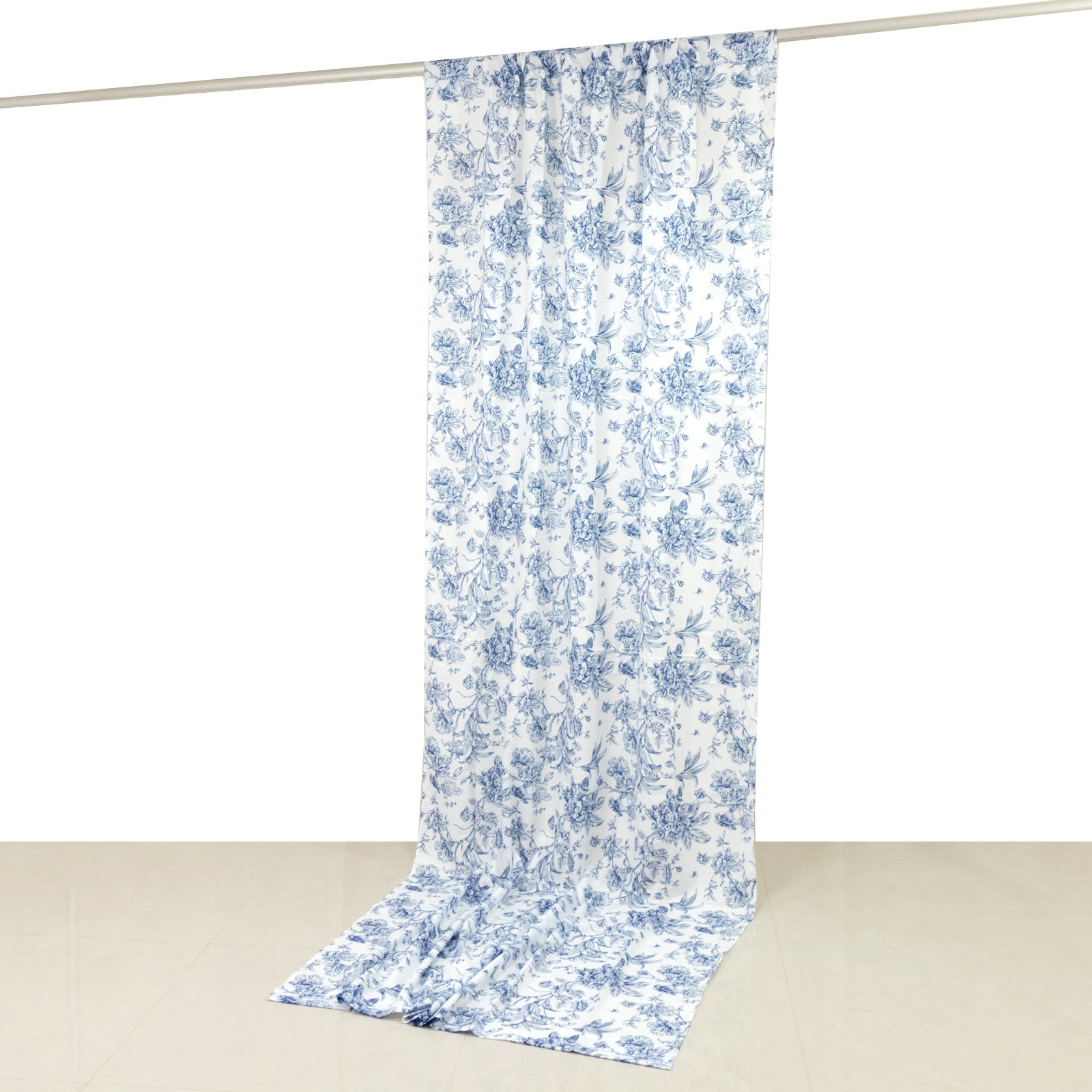 French Toile Polyester Backdrop Curtain – Blue Floral 5ft x 12ft Rod Pocket Drape Panel