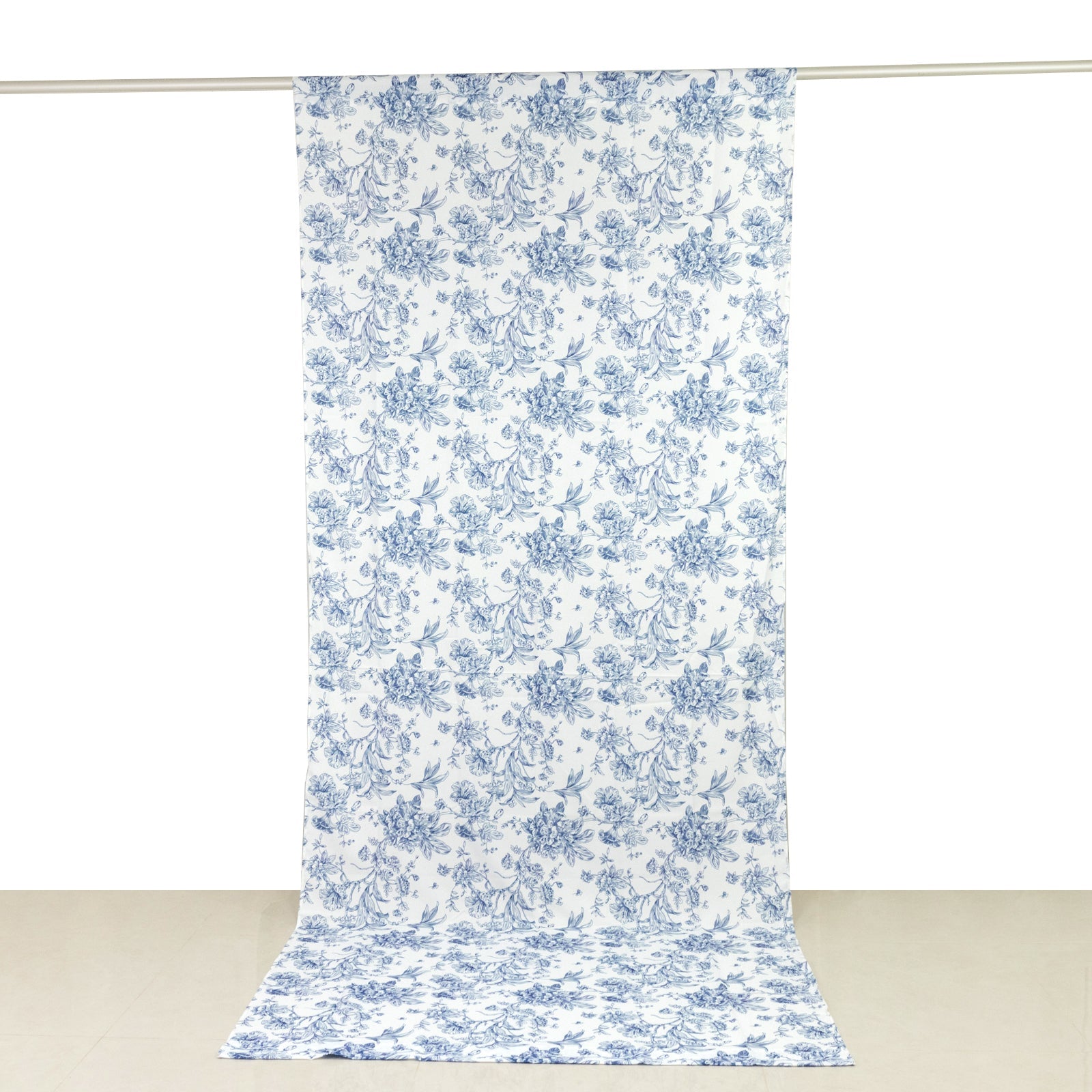French Toile Polyester Backdrop Curtain – Blue Floral 5ft x 12ft Rod Pocket Drape Panel