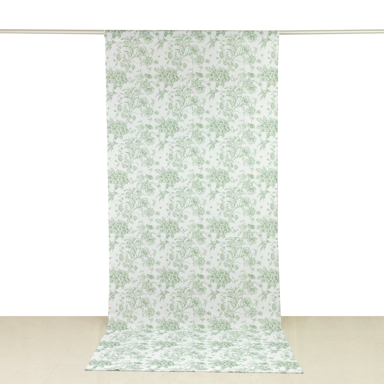 French Toile Polyester Backdrop Curtain – Dusty Sage Green Floral 5ft x 12ft Rod Pocket Drape Panel