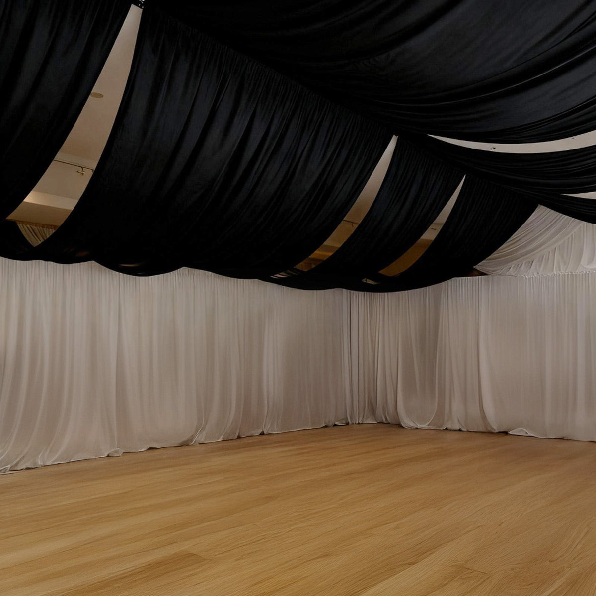 Black Spandex Ceiling Drape Panel, 5ft x 32ft — Wrinkle-Free 4-Way Stretch Fabric, Extra-Long Curtain for Event Ceiling or Backdrop Décor