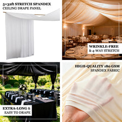 White Spandex Ceiling Drape Panel, 5ft x 32ft — Wrinkle-Free 4-Way Stretch Fabric, Extra-Long Curtain for Event Ceiling or Backdrop Décor