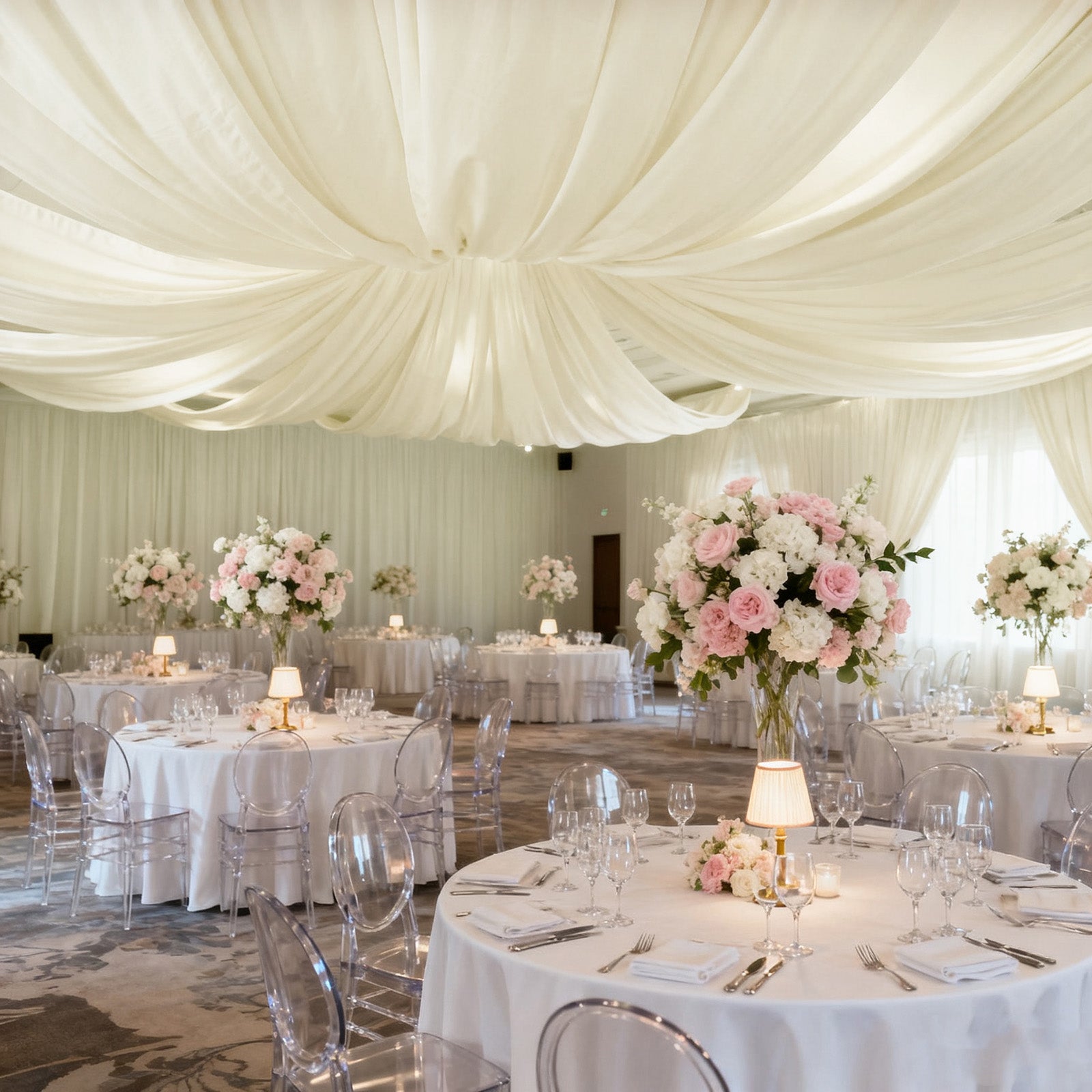 Ivory Spandex Ceiling Drape Panel, 5ft x 32ft — Wrinkle-Free 4-Way Stretch Fabric, Extra-Long Curtain for Event Ceiling or Backdrop Décor