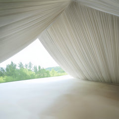 Ivory Stretch Spandex Tent Ceiling Drape – 25ft x 36ft 180GSM Wrinkle-Free Fabric Ceiling Liner with Pole Pockets, Premium