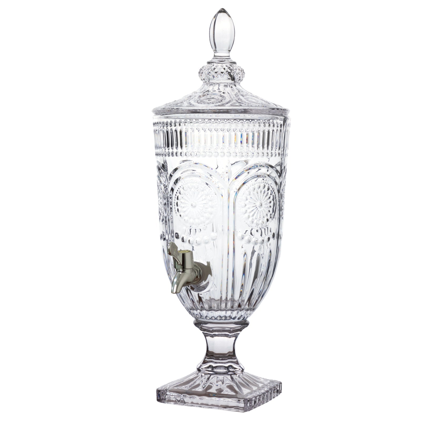 Vintage Cut Crystal Glass Drink Dispenser with Lid & Spigot – Tall Beverage Server, Vertical Panel & Floral Design, 3L
