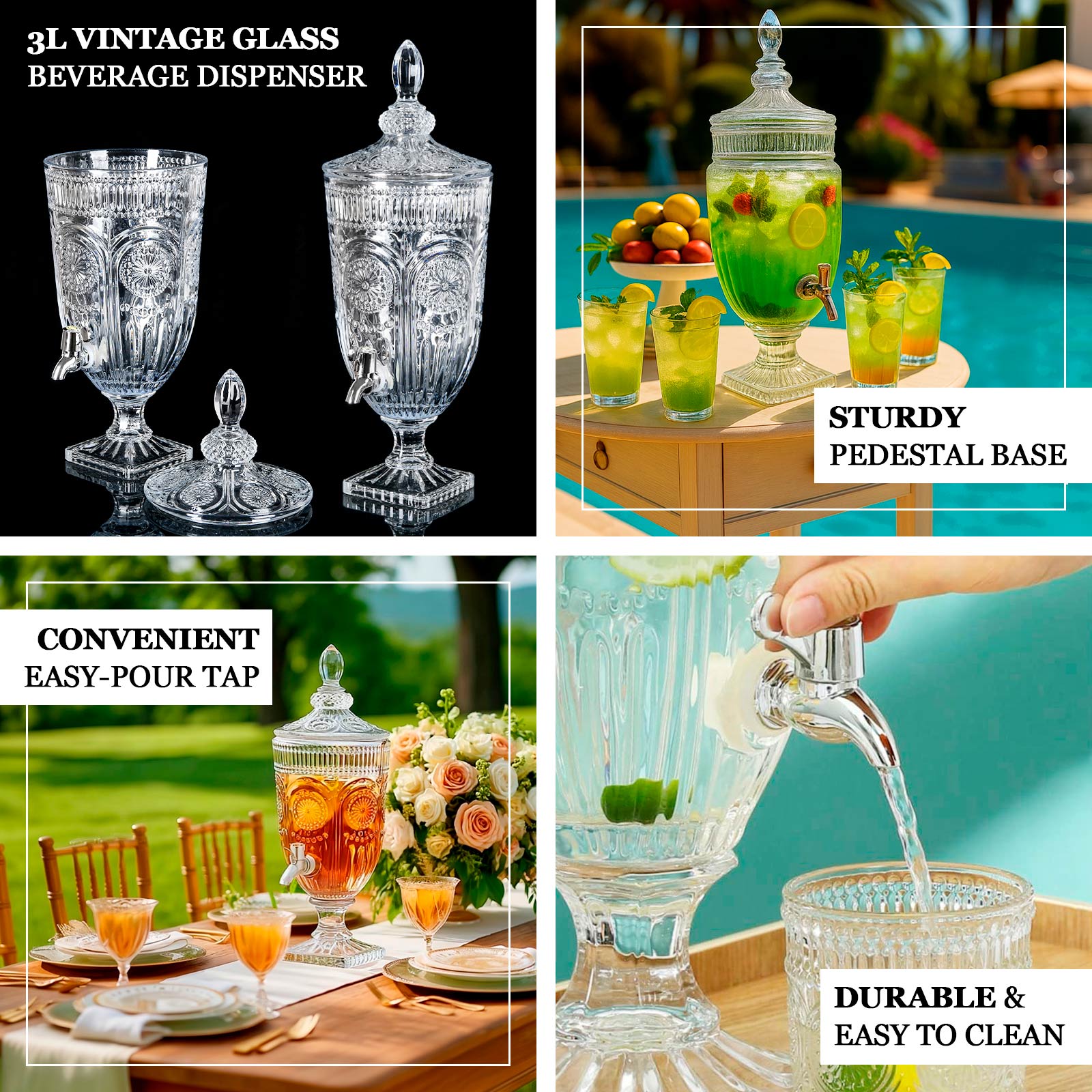 Vintage Cut Crystal Glass Drink Dispenser with Lid & Spigot – Tall Beverage Server, Vertical Panel & Floral Design, 3L