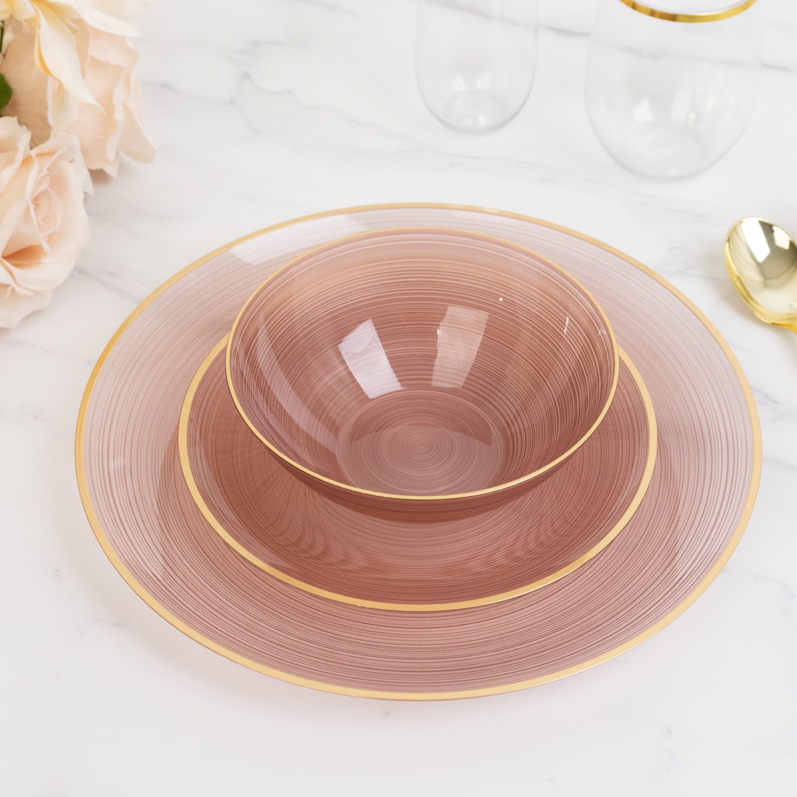 20-Pack 16oz Plastic Bowls – Transparent Dusty Rose with Gold Rim, Elegant Crystal-Like Swirl Disposable Bowls