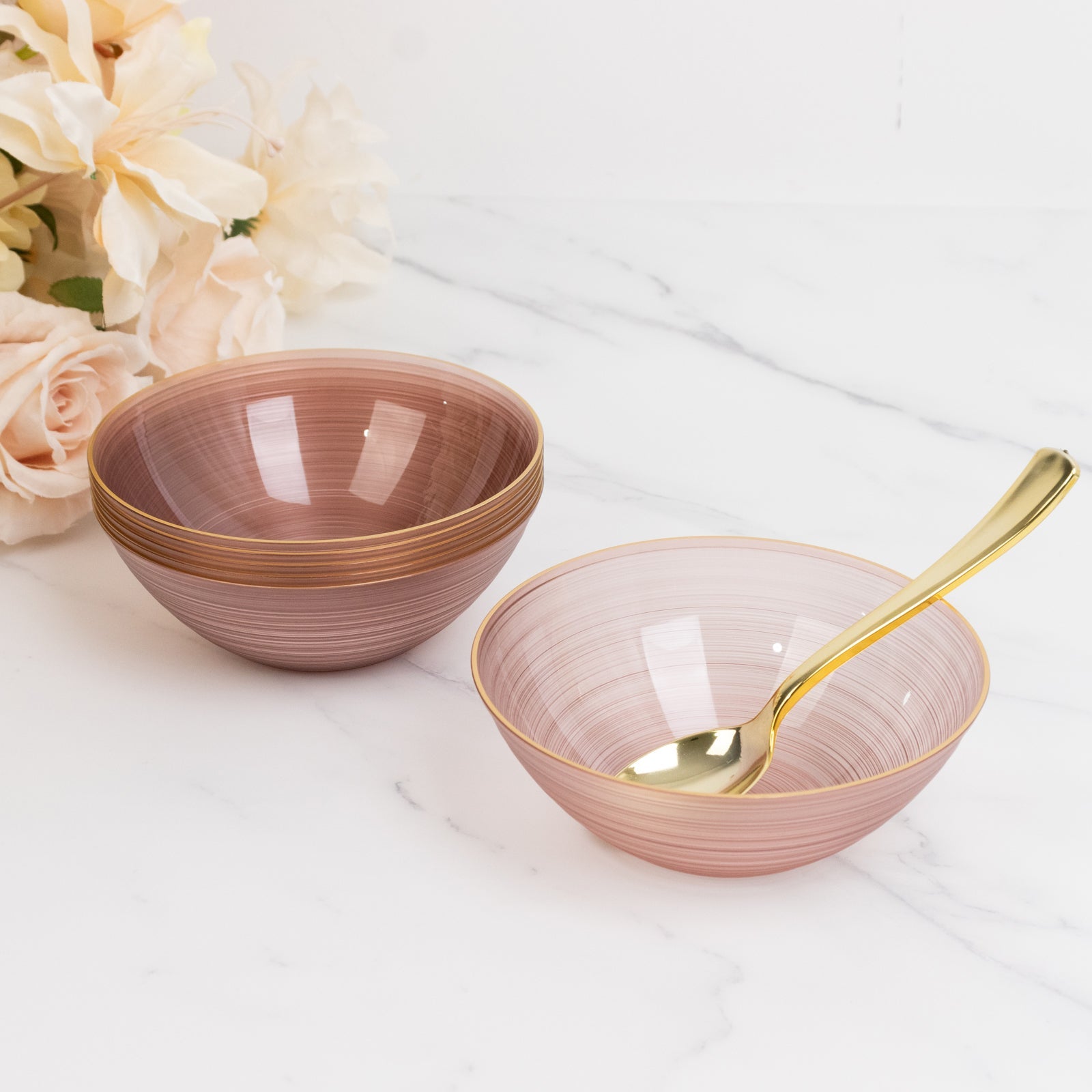 20-Pack 16oz Plastic Bowls – Transparent Dusty Rose with Gold Rim, Elegant Crystal-Like Swirl Disposable Bowls