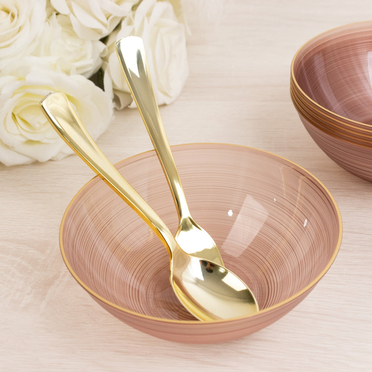 20-Pack 16oz Plastic Bowls – Transparent Dusty Rose with Gold Rim, Elegant Crystal-Like Swirl Disposable Bowls