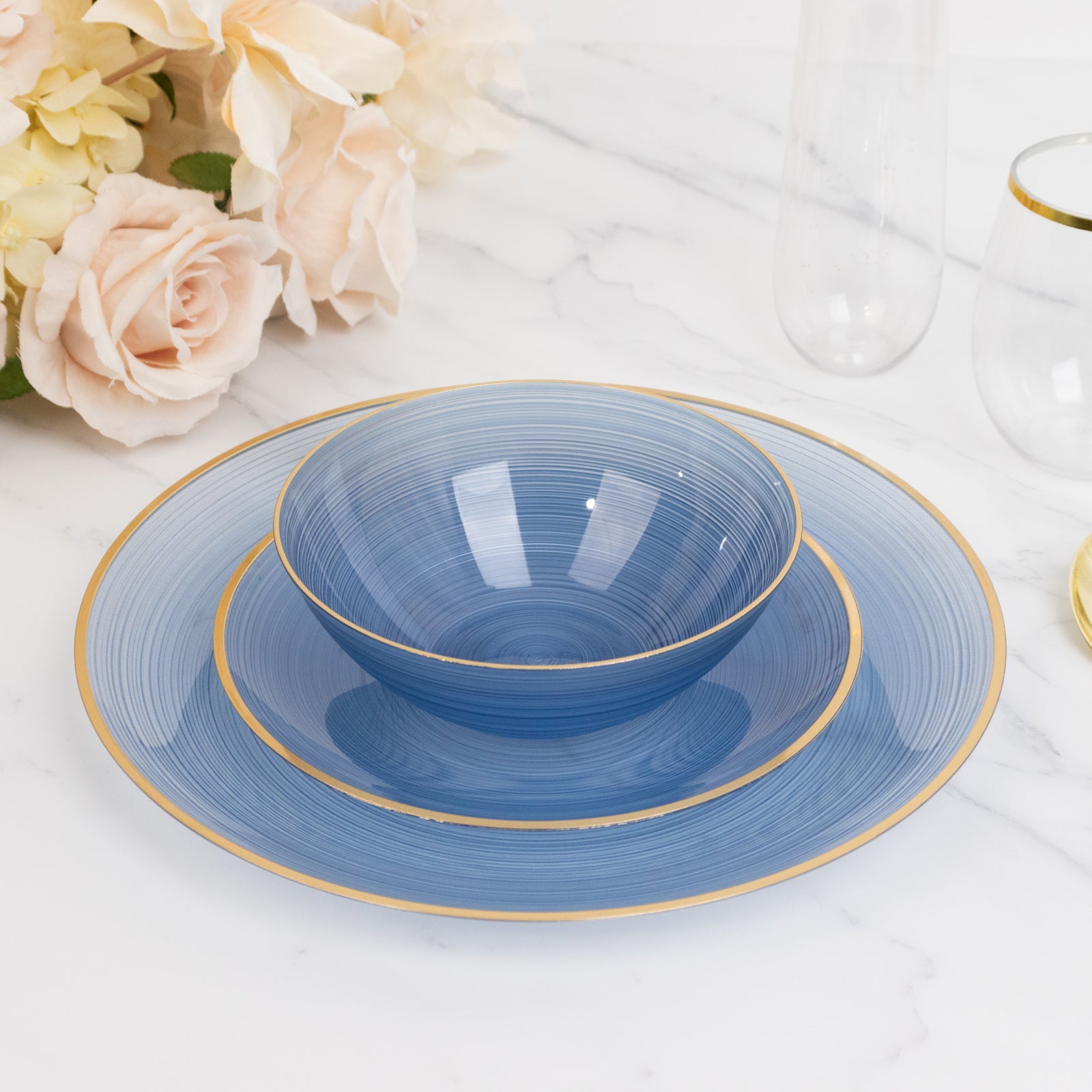 20-Pack 16oz Plastic Bowls – Transparent Dusty Blue with Gold Rim, Elegant Crystal-Like Swirl Disposable Bowls
