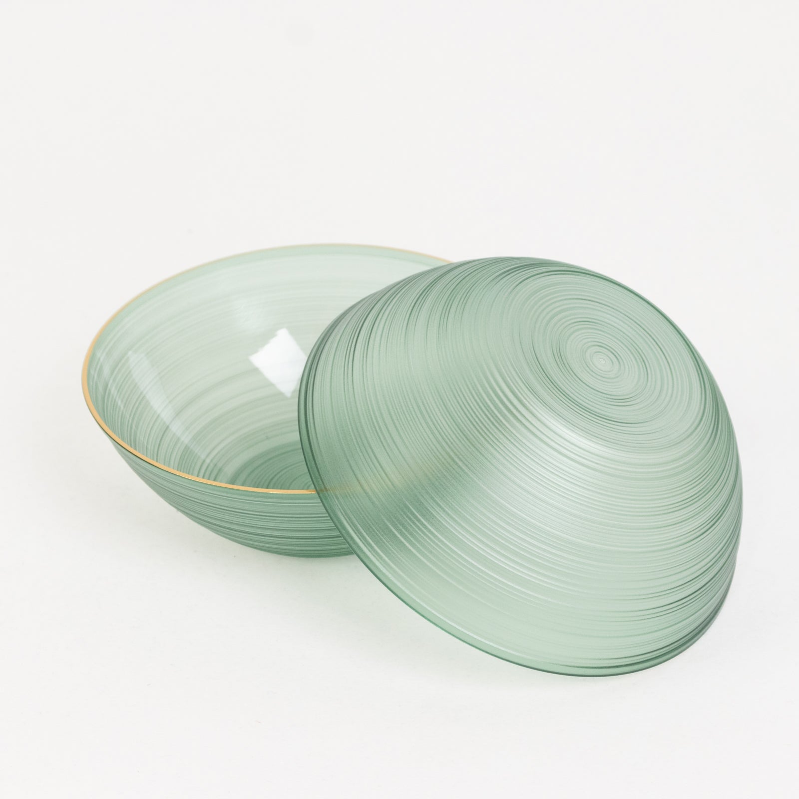 20-Pack 16oz Plastic Bowls – Transparent Dusty Sage Green with Gold Rim, Elegant Crystal-Like Swirl Disposable Bowls