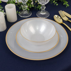 20-Pack 16oz Plastic Bowls – Transparent Pearl White with Gold Rim, Elegant Crystal-Like Swirl Disposable Bowls