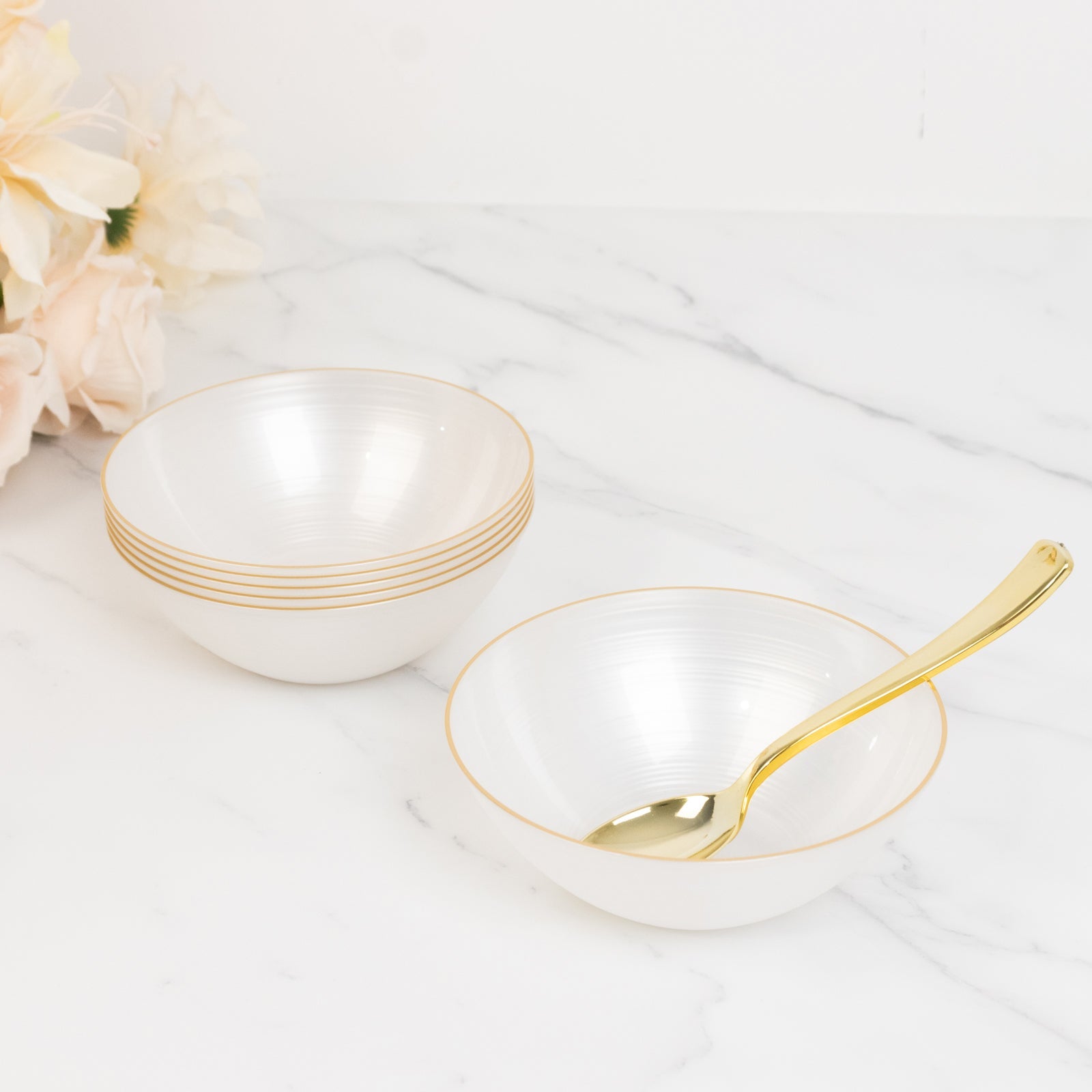 20-Pack 16oz Plastic Bowls – Transparent Pearl White with Gold Rim, Elegant Crystal-Like Swirl Disposable Bowls