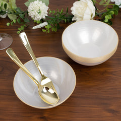 20-Pack 16oz Plastic Bowls – Transparent Pearl White with Gold Rim, Elegant Crystal-Like Swirl Disposable Bowls