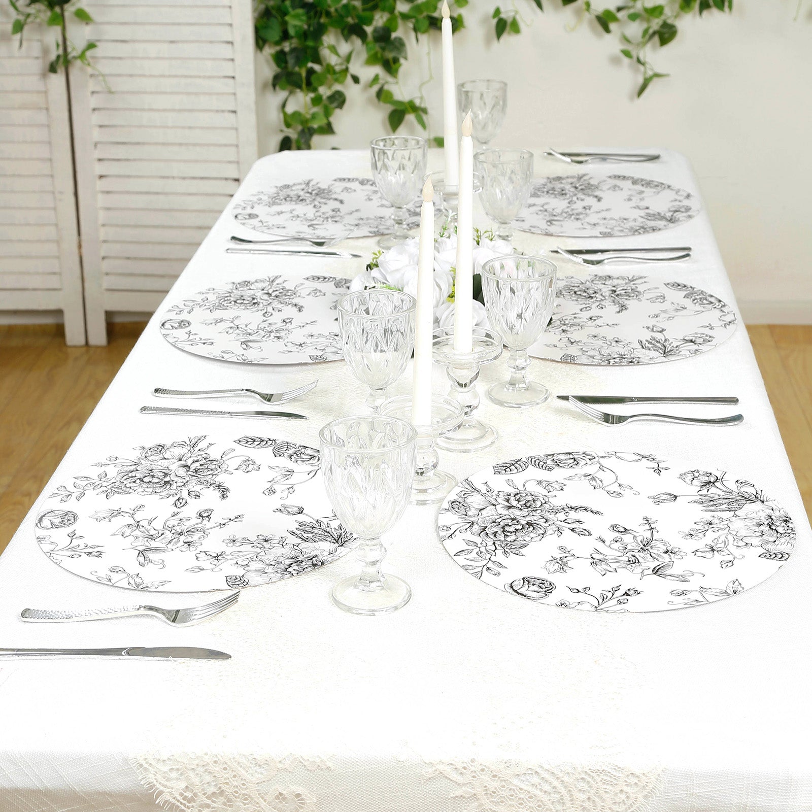 10-Pack Disposable Table Placemats in French Toile Print 13" in Matte White/Black - Chic Floral Cardboard Placemats for Stylish Table Setting