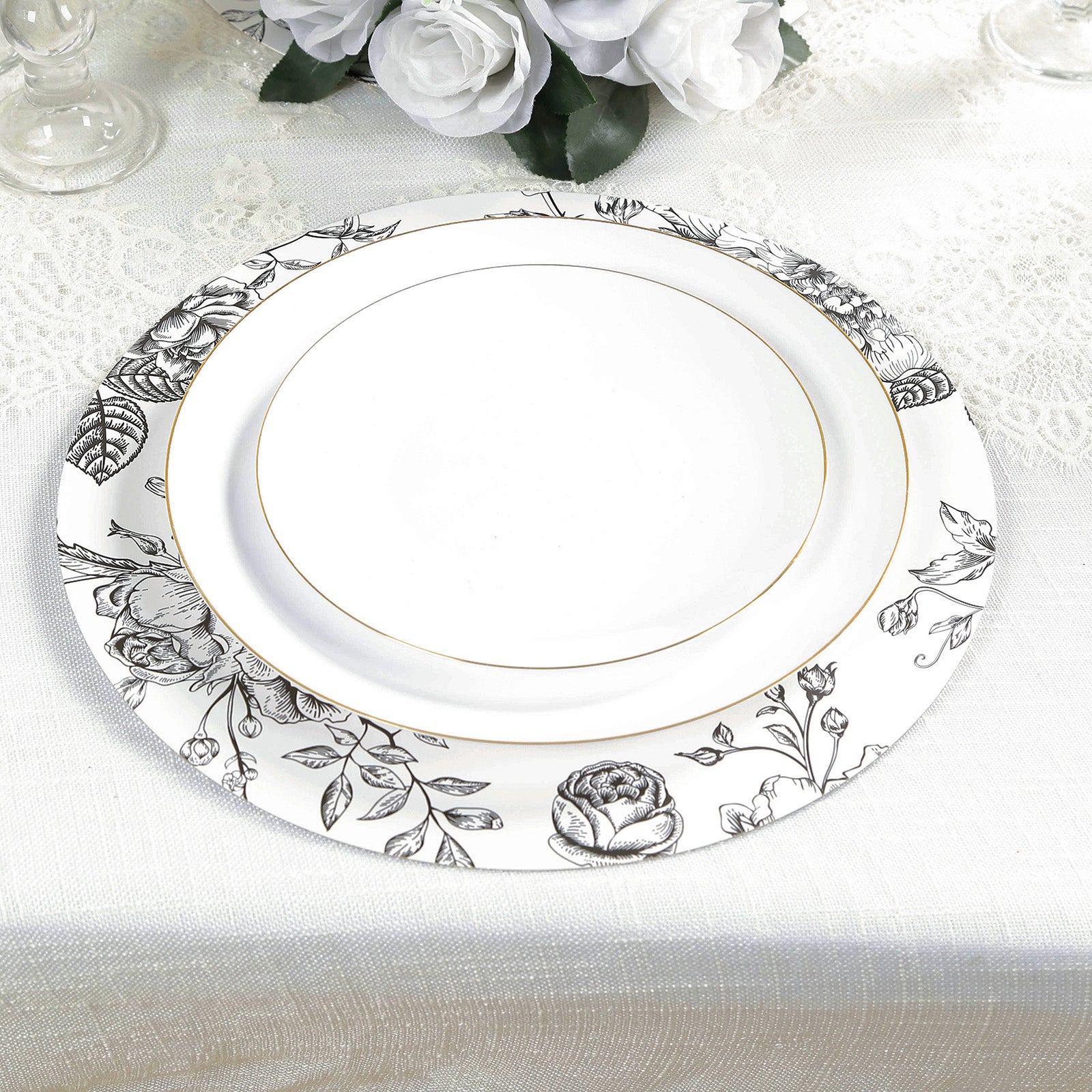 10-Pack Disposable Table Placemats in French Toile Print 13" in Matte White/Black - Chic Floral Cardboard Placemats for Stylish Table Setting