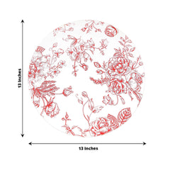 10-Pack Disposable Table Placemats in French Toile Print 13" in Matte White/Red - Chic Floral Cardboard Placemats for Stylish Table Setting