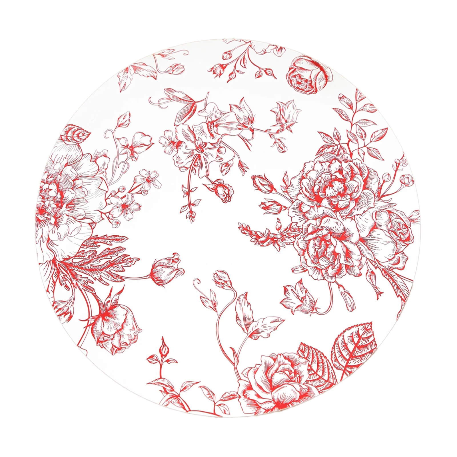 10-Pack Disposable Table Placemats in French Toile Print 13" in Matte White/Red - Chic Floral Cardboard Placemats for Stylish Table Setting