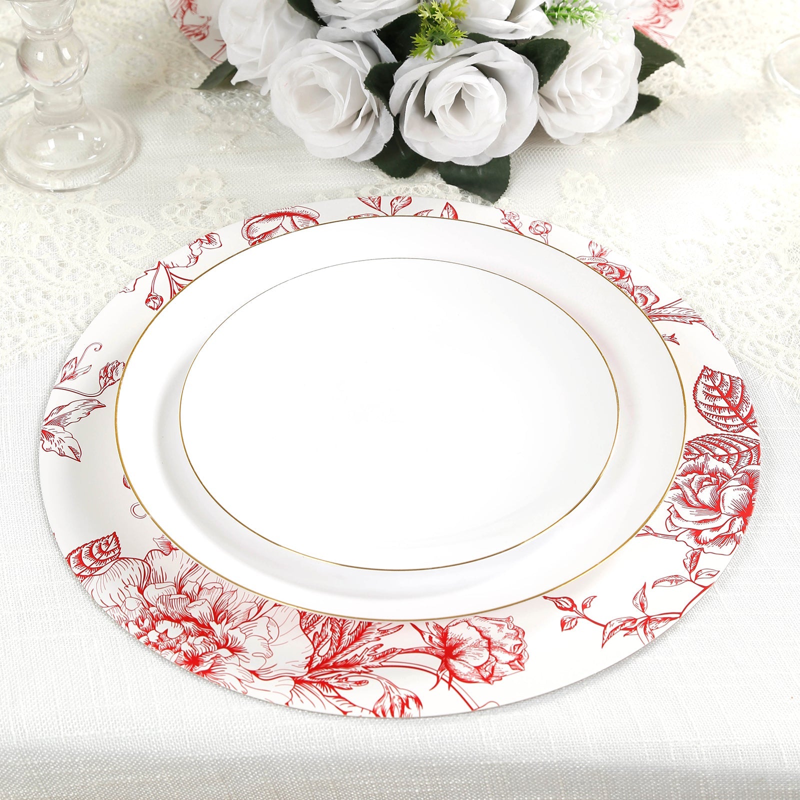 10-Pack Disposable Table Placemats in French Toile Print 13" in Matte White/Red - Chic Floral Cardboard Placemats for Stylish Table Setting