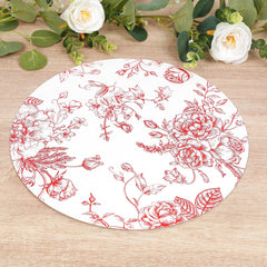 10-Pack Disposable Table Placemats in French Toile Print 13" in Matte White/Red - Chic Floral Cardboard Placemats for Stylish Table Setting