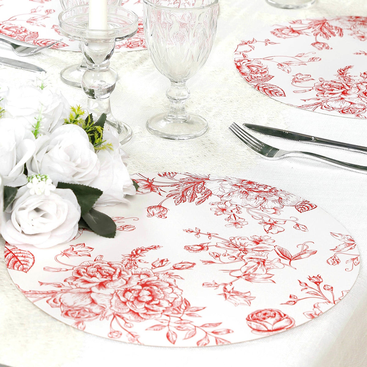 10-Pack Disposable Table Placemats in French Toile Print 13" in Matte White/Red - Chic Floral Cardboard Placemats for Stylish Table Setting