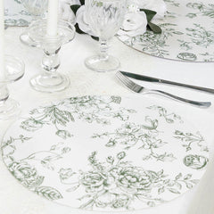 10-Pack Disposable Table Placemats in French Toile Print 13" in Matte White/Sage Green - Chic Floral Cardboard Placemats for Stylish Table Setting
