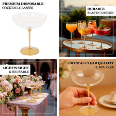 24-Pack Plastic Cocktail Glasses – 9oz Clear Premium Disposable Coupe Champagne Cups with Gold Detachable Stem & Base – Party & Event Drinkware
